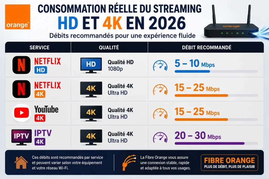 Consommation réelle du streaming HD et 4K sur la Fibre Orange Maroc 2026 avec les débits recommandés pour Netflix, YouTube et IPTV.