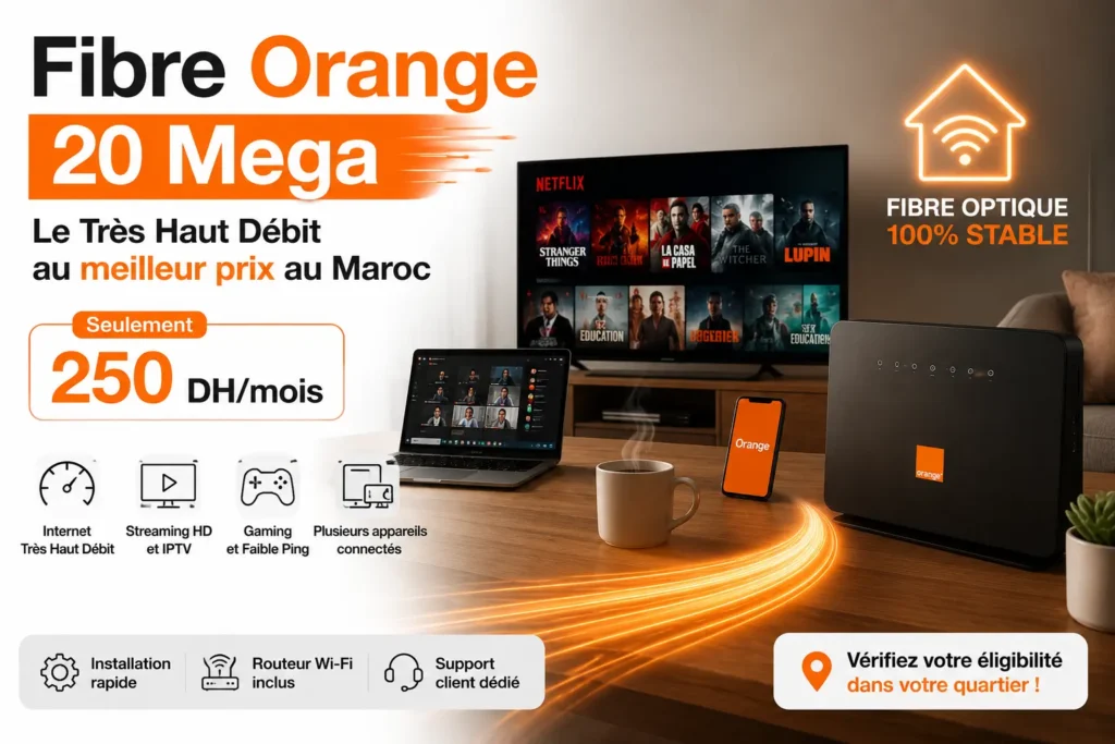 Fibre Orange 20 Mega Maroc à 250 DH par mois avec routeur Wi-Fi, streaming HD, IPTV et internet très haut débit